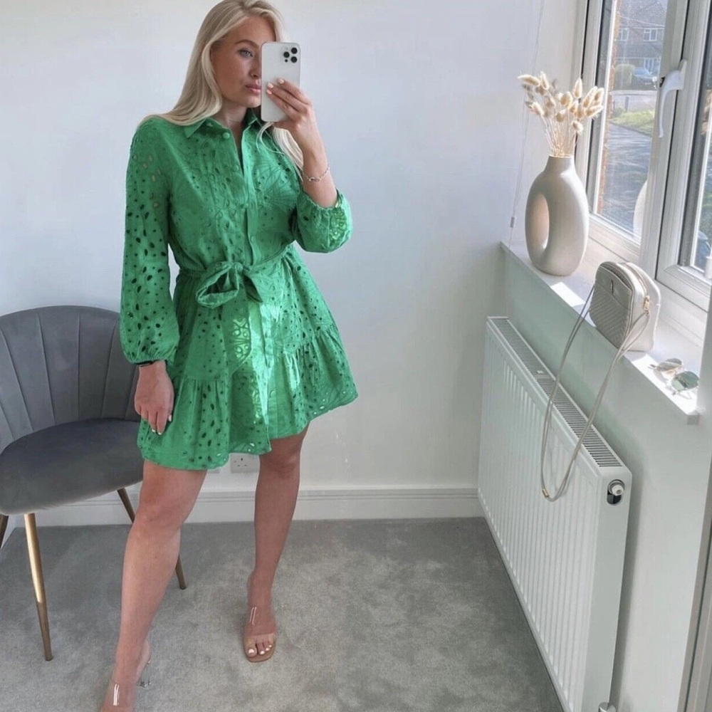 ZARA WOMAN SHORT DRESS WITH CUTWORK EMBROIDERY TIED BELT GREEN 3165/919 SIZE S